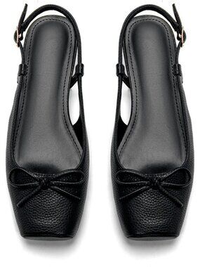 Women's Black Stone Slingback Square Toe Bow Knit Ankle Buckle Satin Ballet Flat
